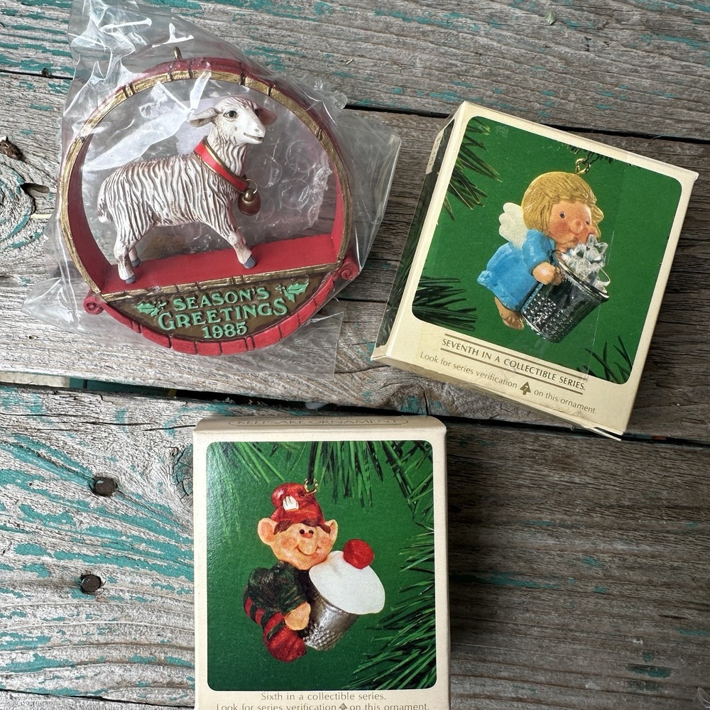 VTG Hallmark 1980s Angel Elf Thimble Keepsake and 1985 Lamb Ornaments Set Of 3